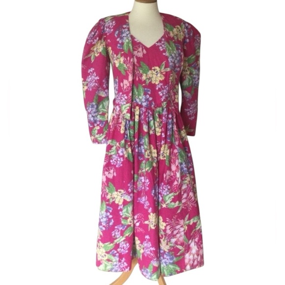 VTG 80’s Laura Ashley Maxi Pink Floral Cottagecore Prairie Dress W/Jacket Sz 14 - Picture 1 of 12